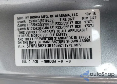 2016 Honda Odyssey Se из США, поврежденный, VIN 5FNRL5H37GB146921